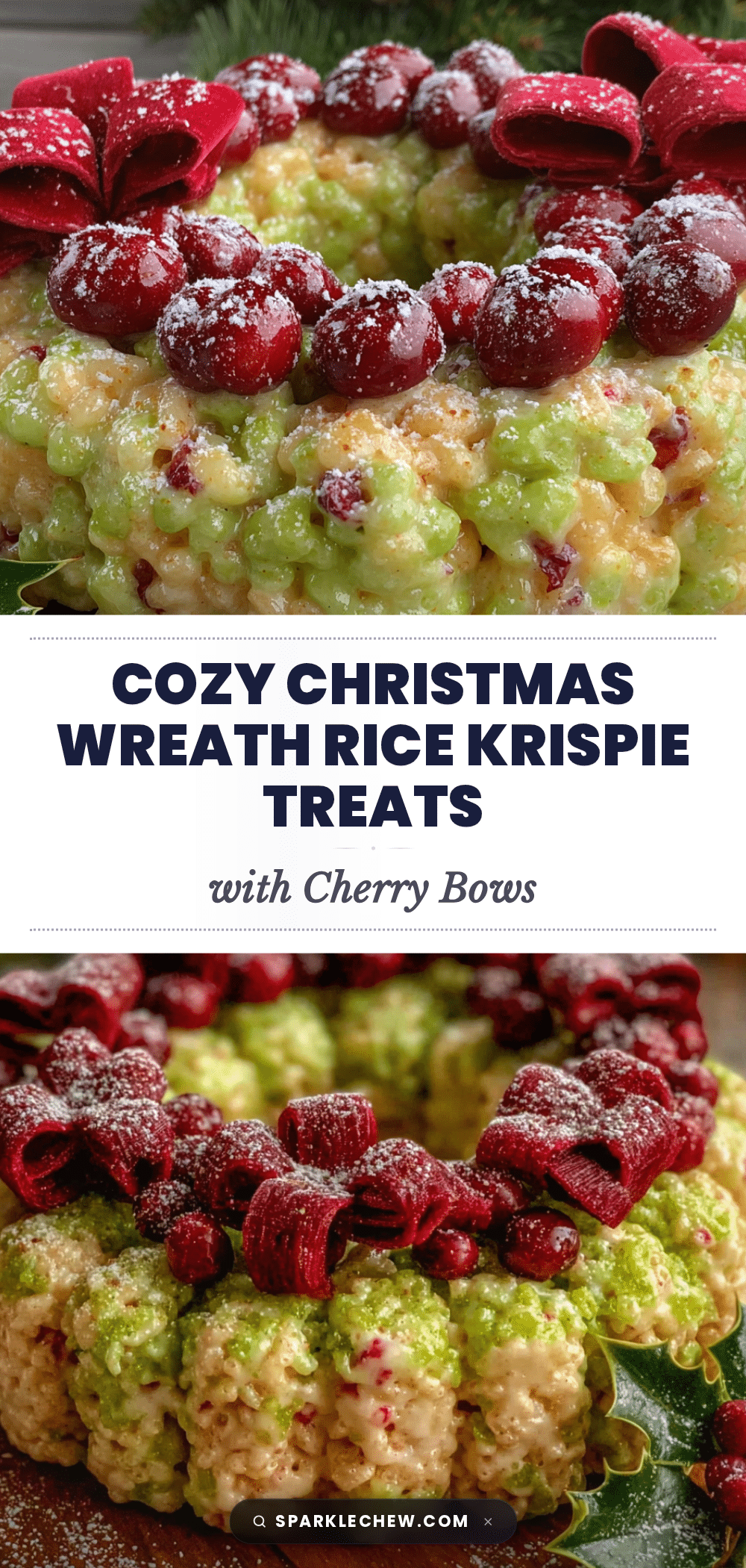 Cozy Christmas Wreath Rice Krispie Treats with Cherry Bows recipe